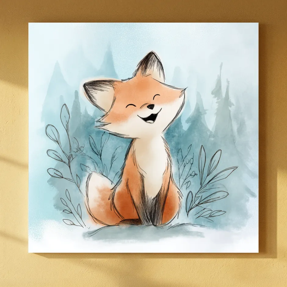 Whimsical Watercolor Fox Cub Illustration - Cute Woodland Nursery Wall Art