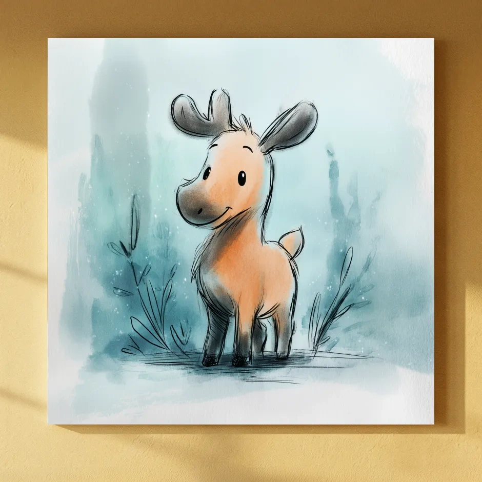 Cute Baby Moose Watercolor Illustration - Whimsical Nursery Wildlife Wall Art