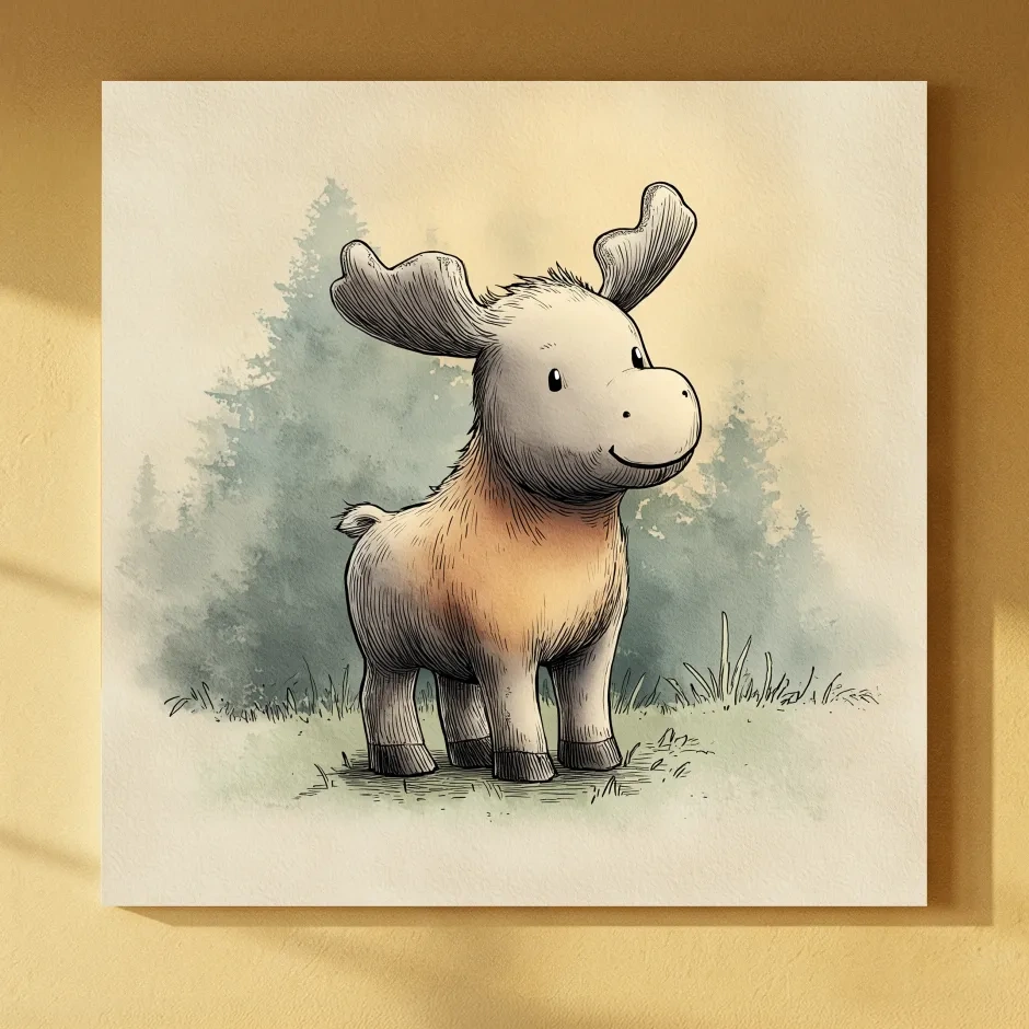 Cute Baby Moose Watercolor Illustration - Woodland Nursery Animal Wall Art