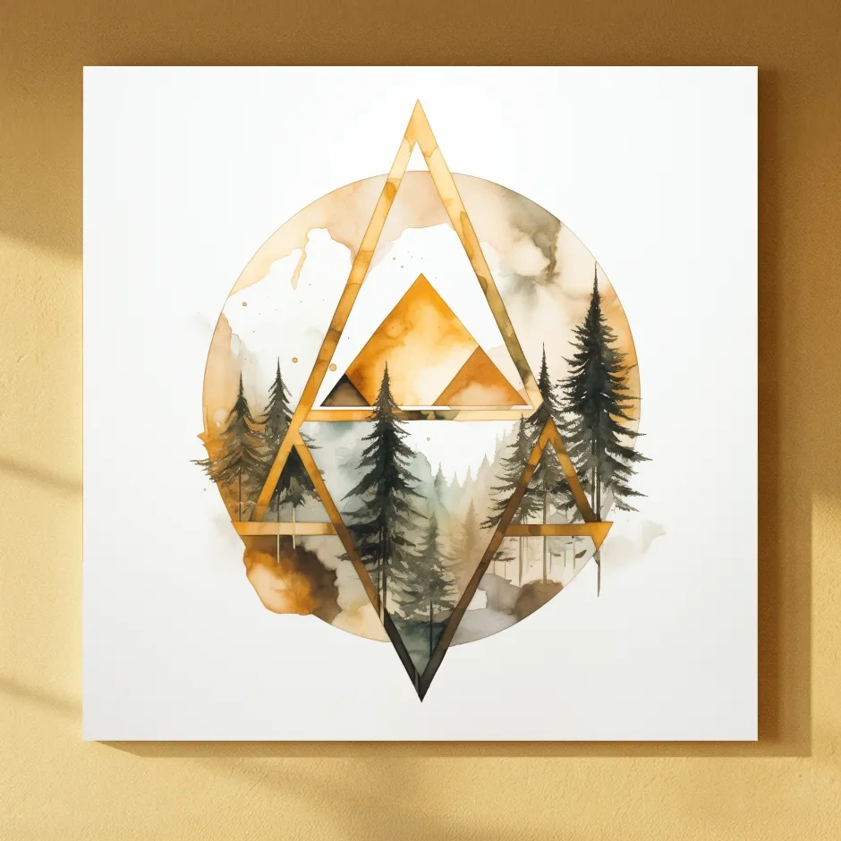 Rustic Elegant Watercolor Mountain Pine Forest - Abstract Golden Geometric Nature Wall Art