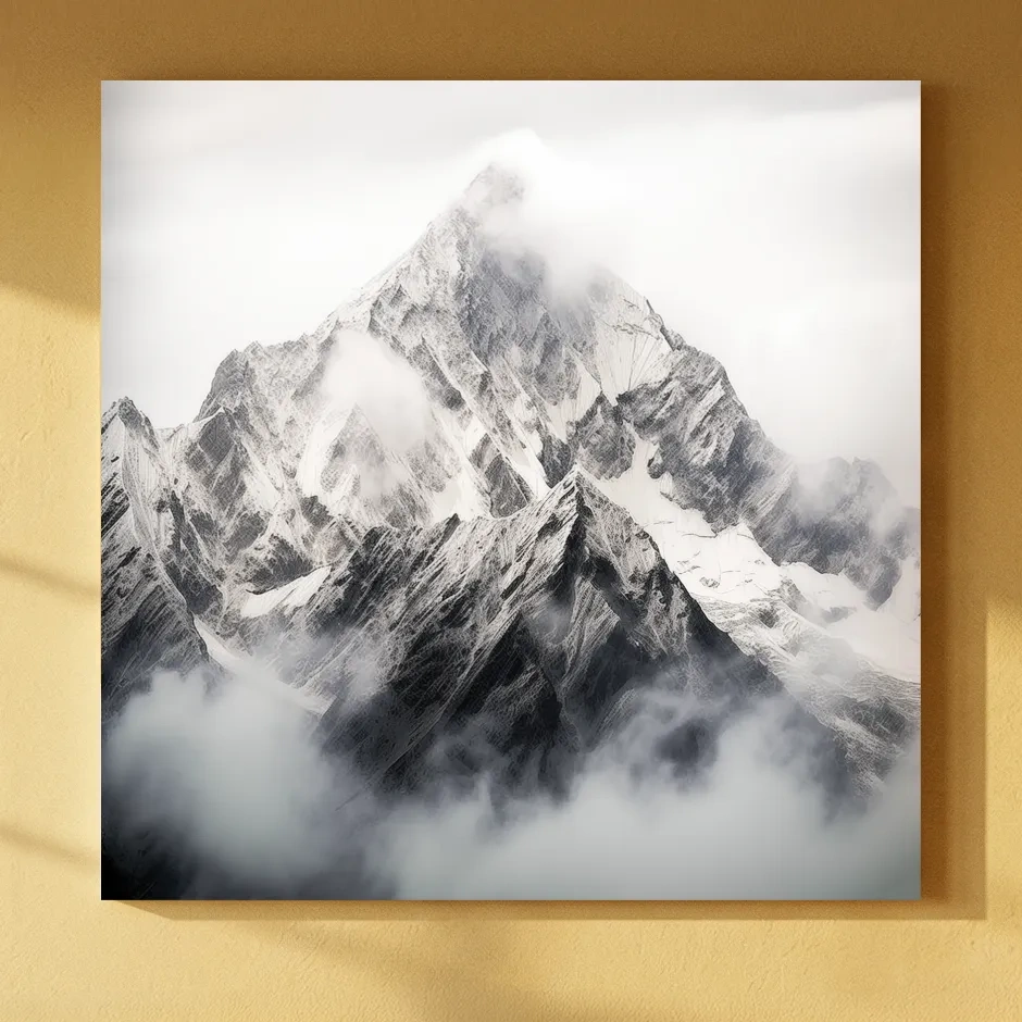 Snowcapped Alpine Peak Photography - Monochrome Mountain Wall Art