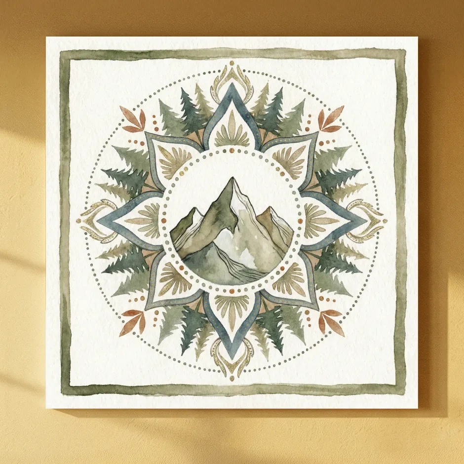 Mountain Mandala Watercolor - Boho Botanical Nature Wall Art