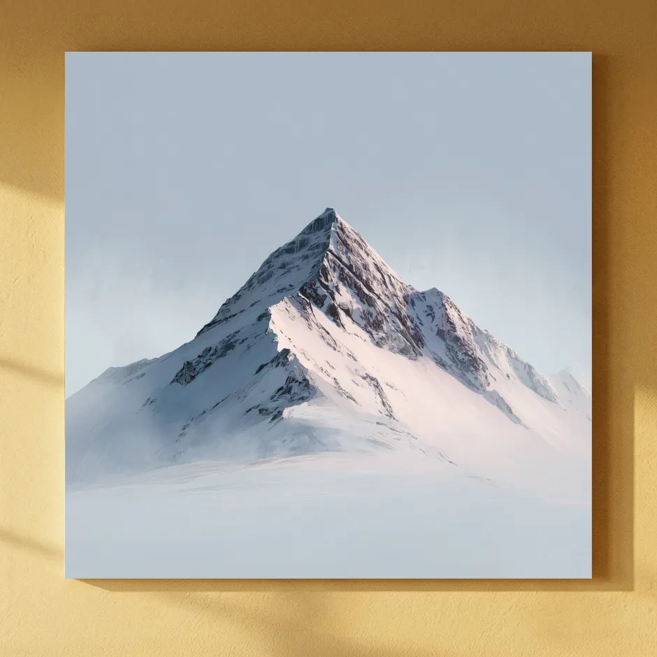 Minimalist Snowy Alpine Peak Painting - Serene Winter Mountain Wall Art
