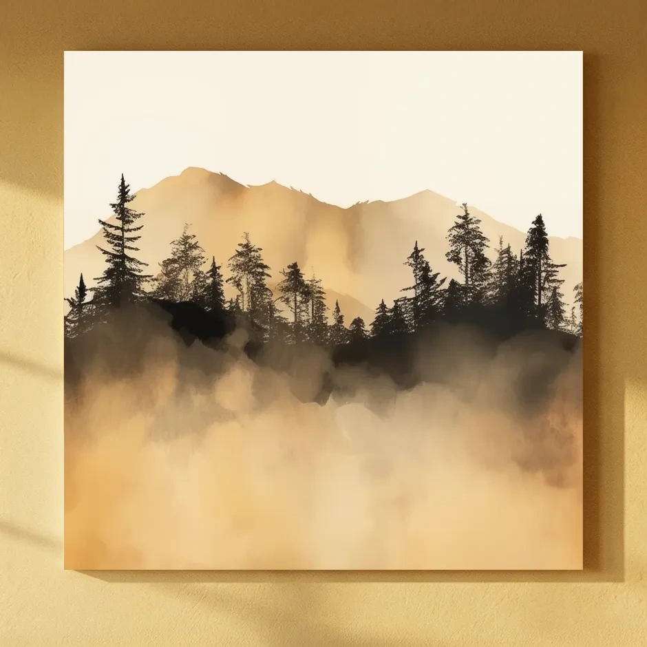 Misty Golden Mountain Pine Forest - Sepia Watercolor Landscape Wall Art