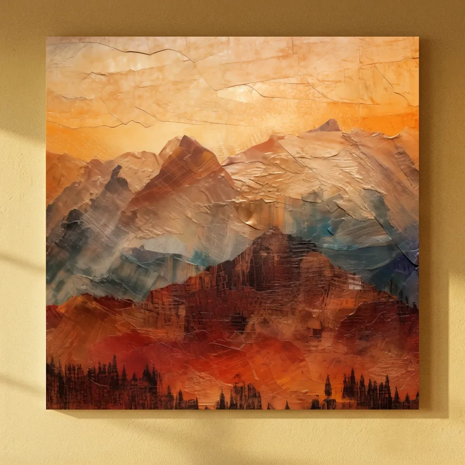 Impasto Style Abstract Mountain Range Sunset - Warm Rustic Landscape Wall Art