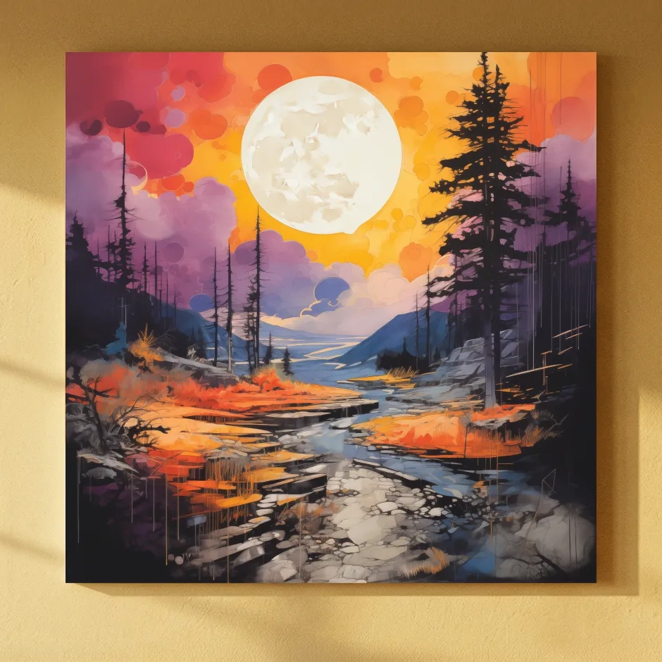 Vibrant River Valley Landscape Illustration - Abstract Sunset Forest Wall Art