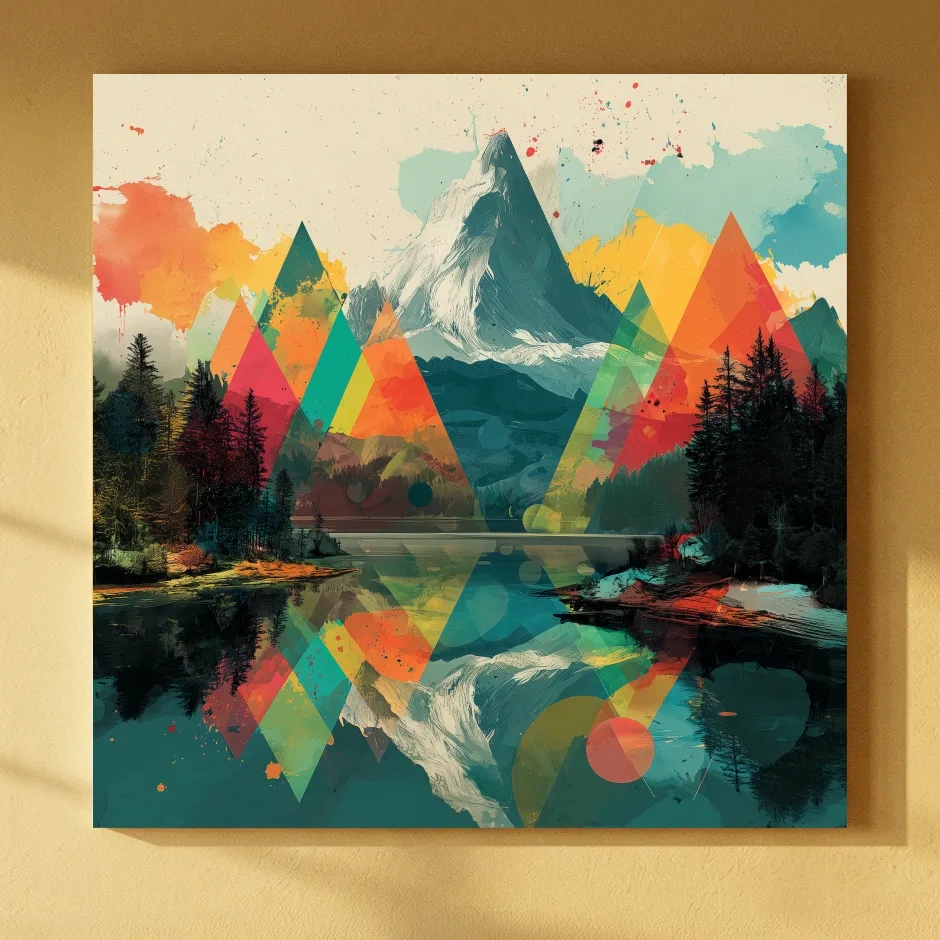 Vibrant Abstract Mountain Lake Collage Art - Colorful Alpine Wall Art