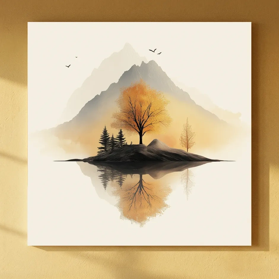 Minimalist Misty Mountain Lake Illustration - Serene Autumn Tree Landscape Wall Art