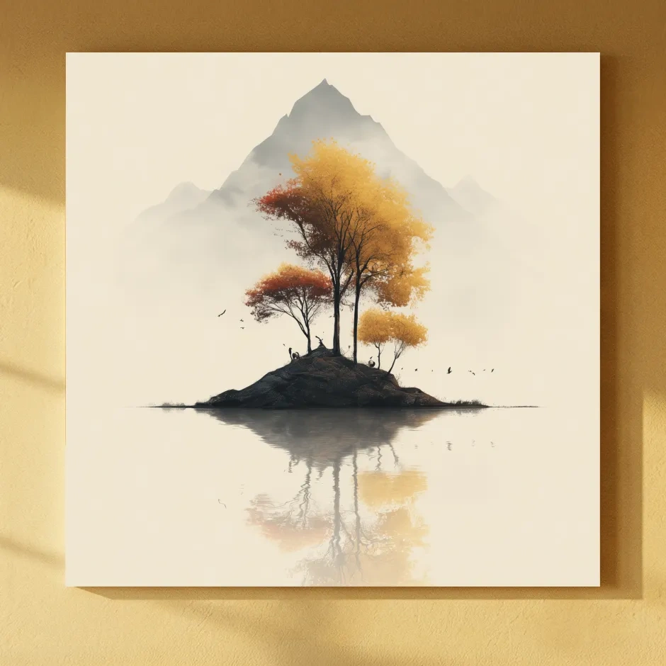 Minimalist Autumn Trees On Misty Lake Island - Serene Mountain Landscape Wall Art
