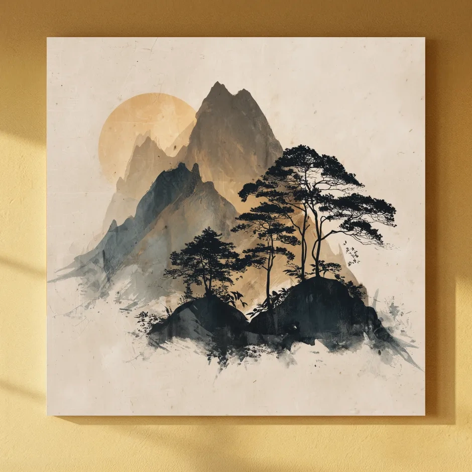 Zen Ink Wash Mountain Sunrise - Minimalist Japanese Pine Landscape Wall Art