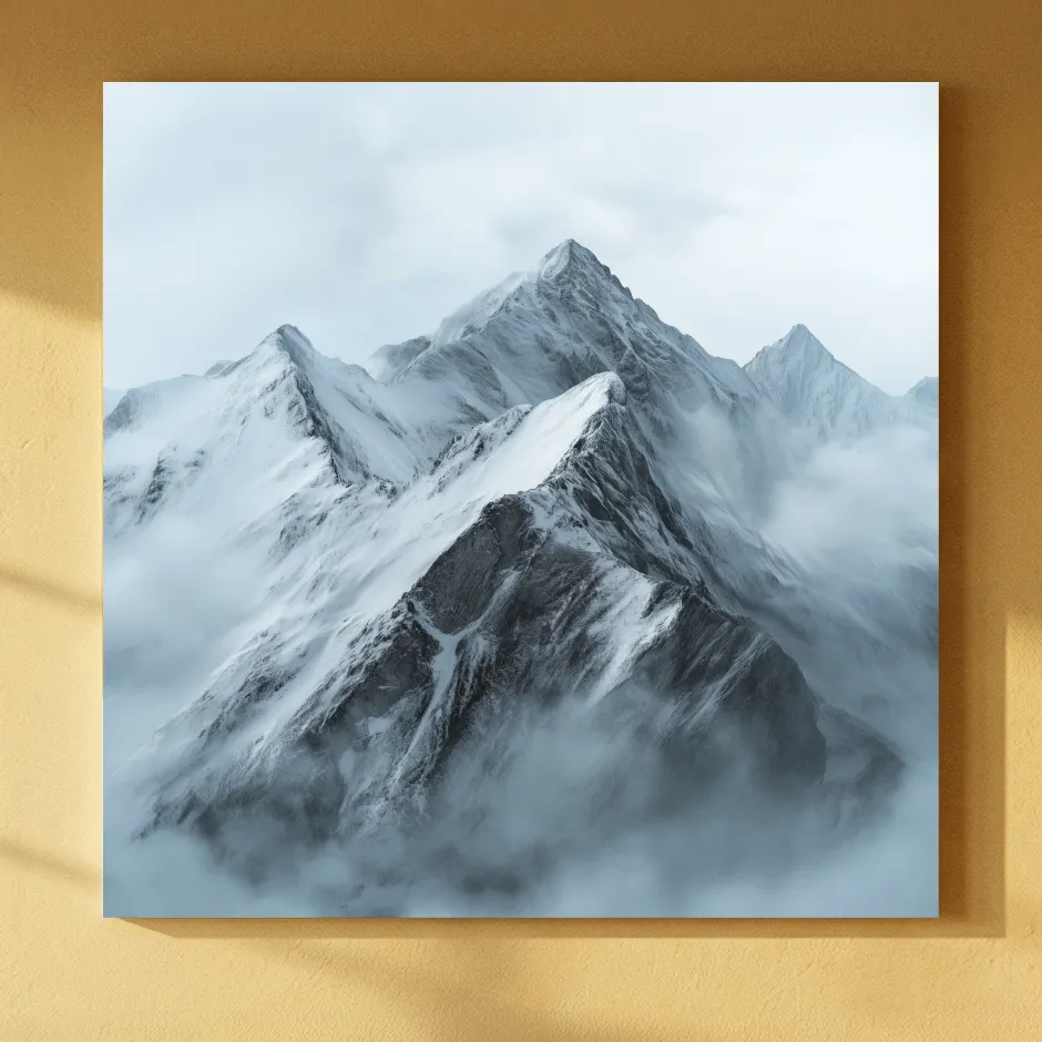 Misty Snowcapped Alpine Peak Landscape - Monochrome Photographic Mountain Wall Art