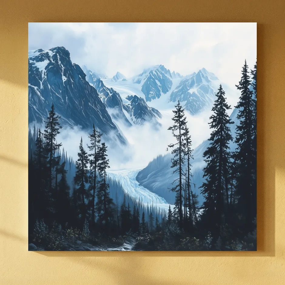 Misty Alpine Glacier Valley Landscape - Moody Mountain Forest Wall Art