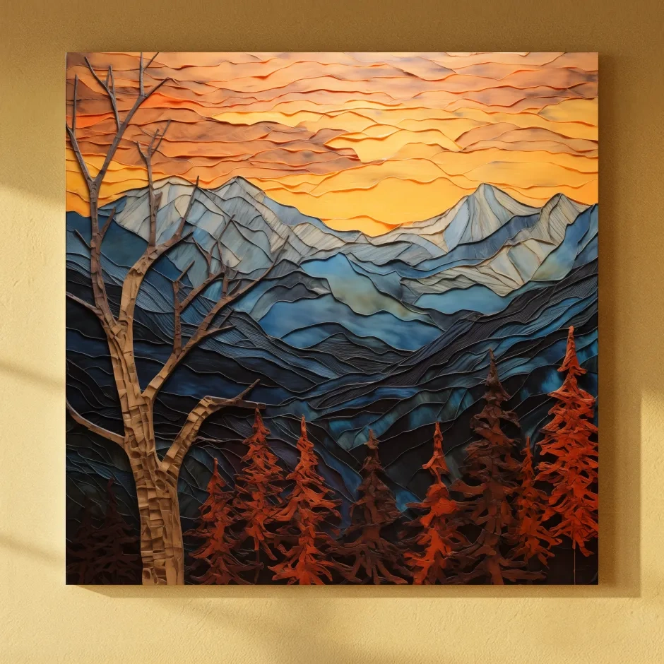 Layered Paper Cut Alpine Mountain Sunset - Mixed Media 3D Landscape Wall Art