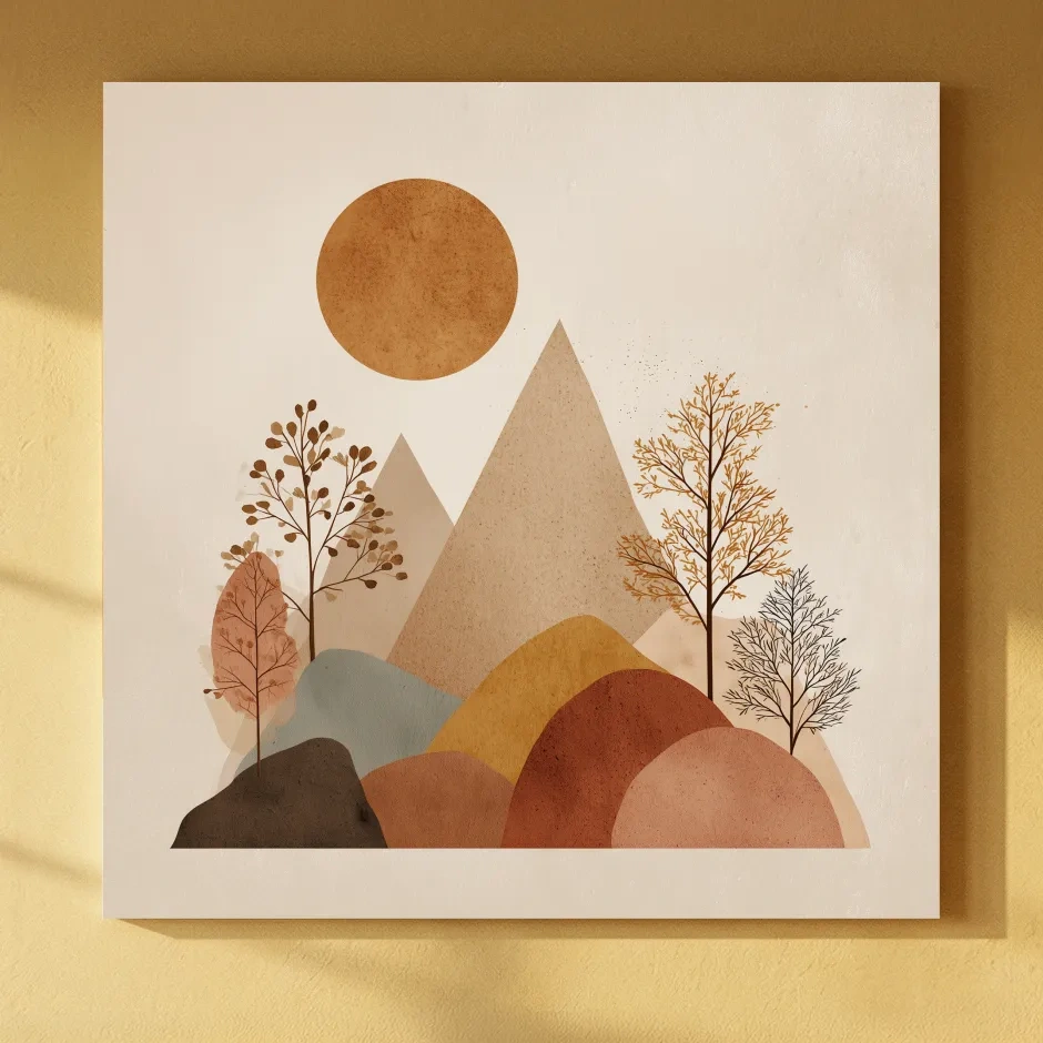 Minimalist Scandi Mountain Sunset Landscape - Boho Neutral Earth Tone Wall Art