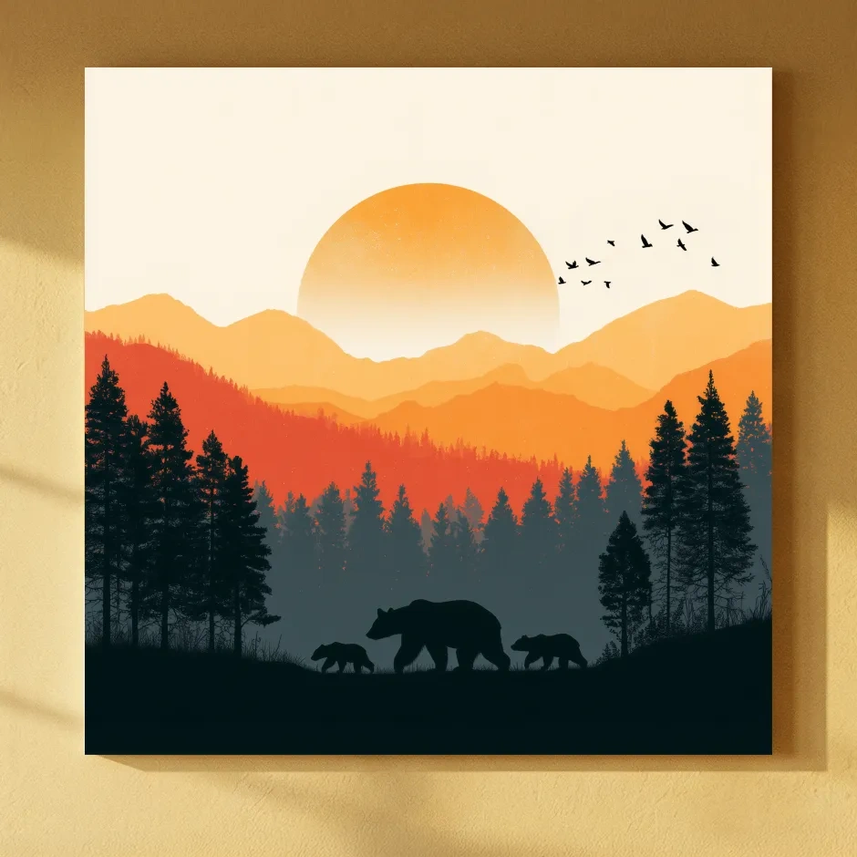 Sunset Mama Bear & Cubs Silhouette - Wildlife Forest Landscape Wall Art