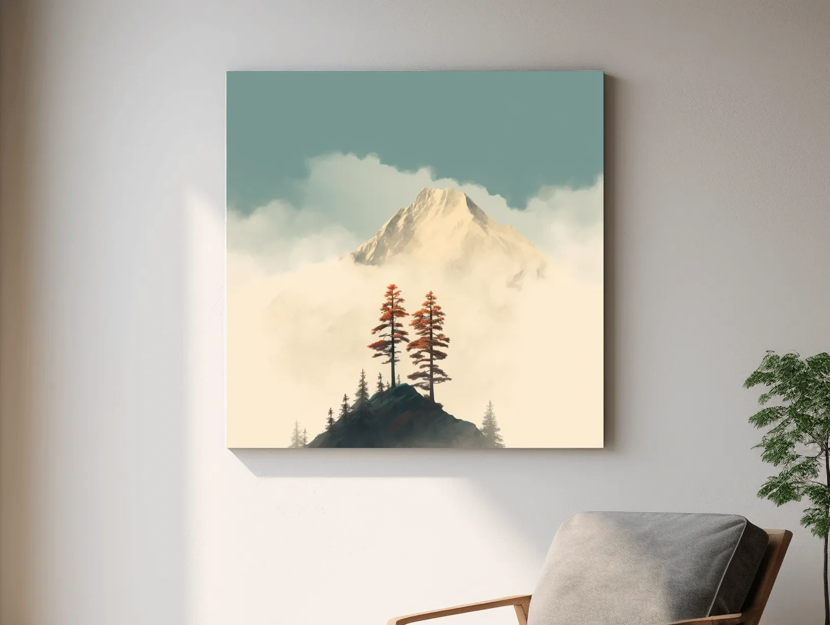 Misty Alpine Peak With Autumn Pines - Minimalist Mountain Artwork
