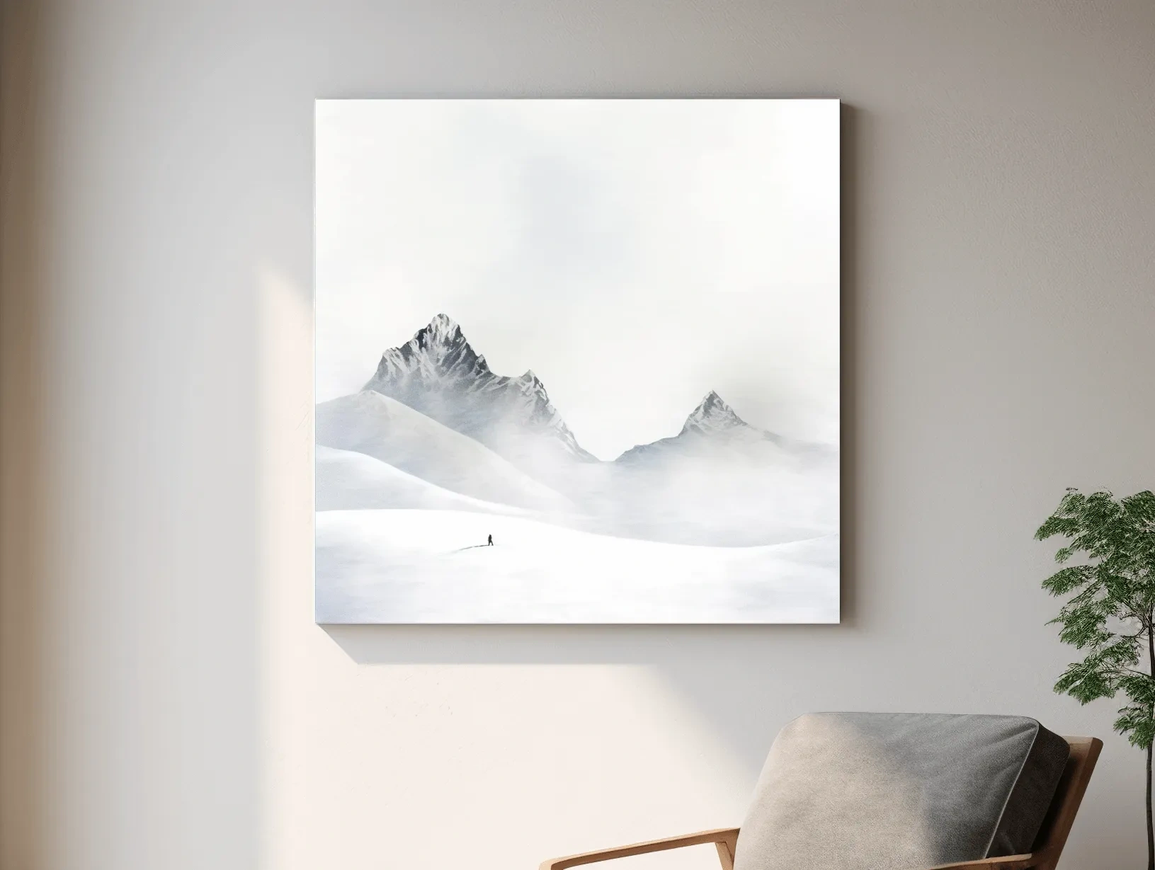 Minimalist Snowy Mountain Landscape Painting - Monochrome Winter Wilderness Wall Art
