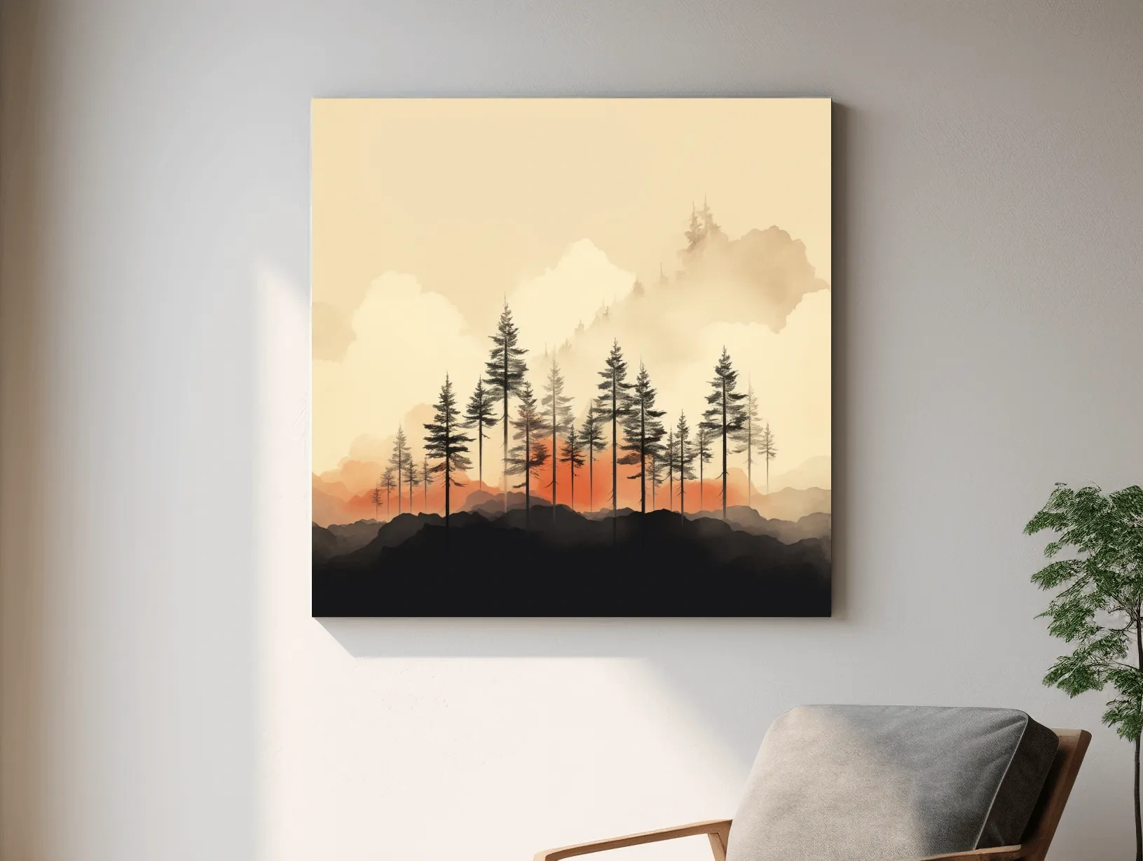 Misty Pine Forest Silhouettes At Sunrise - Minimalist Watercolor Mountain Wall Art