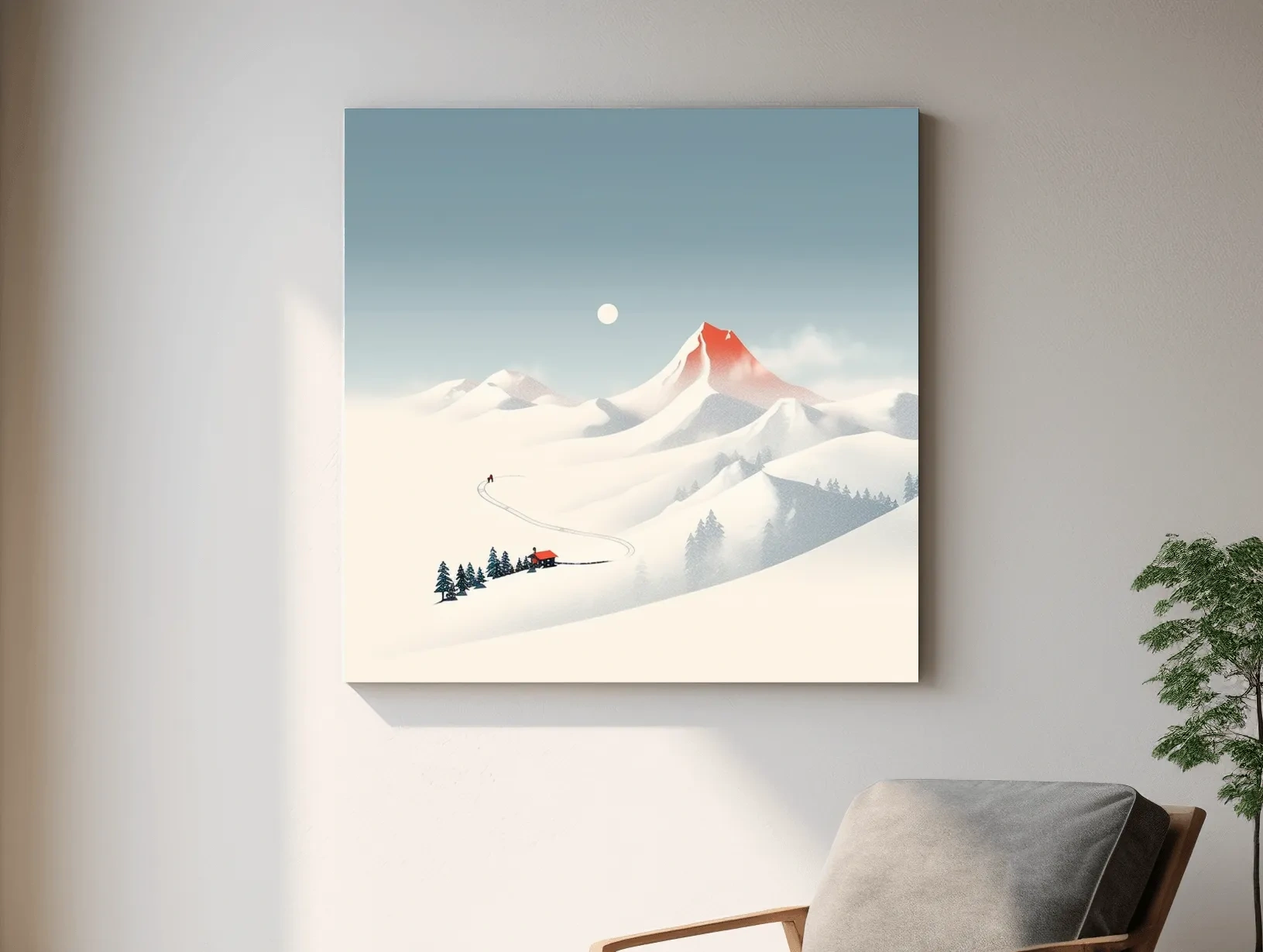 Minimalist Snowy Mountain Cabin Landscape - Nordic Winter Wall Art