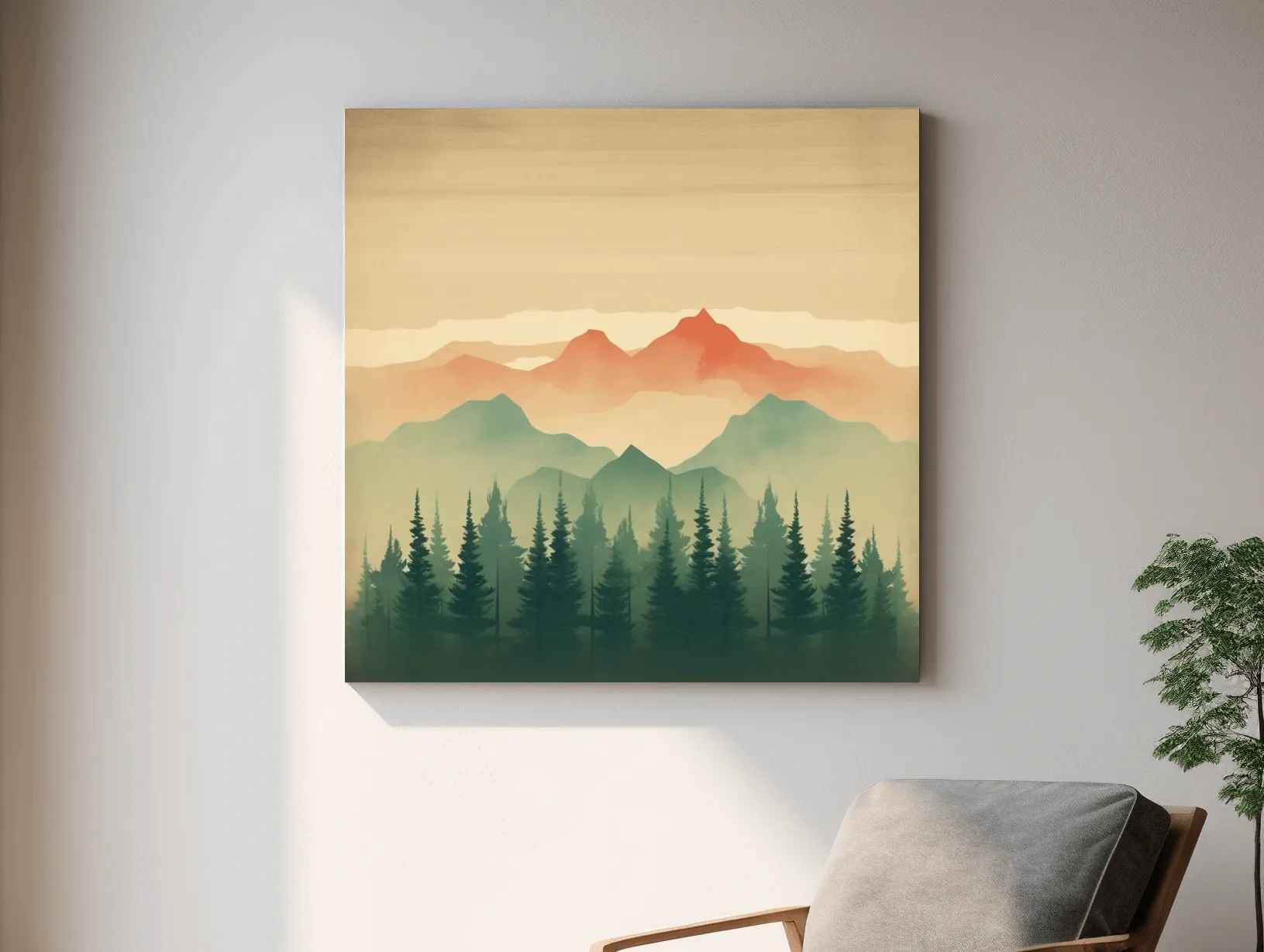 Misty Watercolor Mountain Range Sunrise - Pine Forest Landscape Artwork