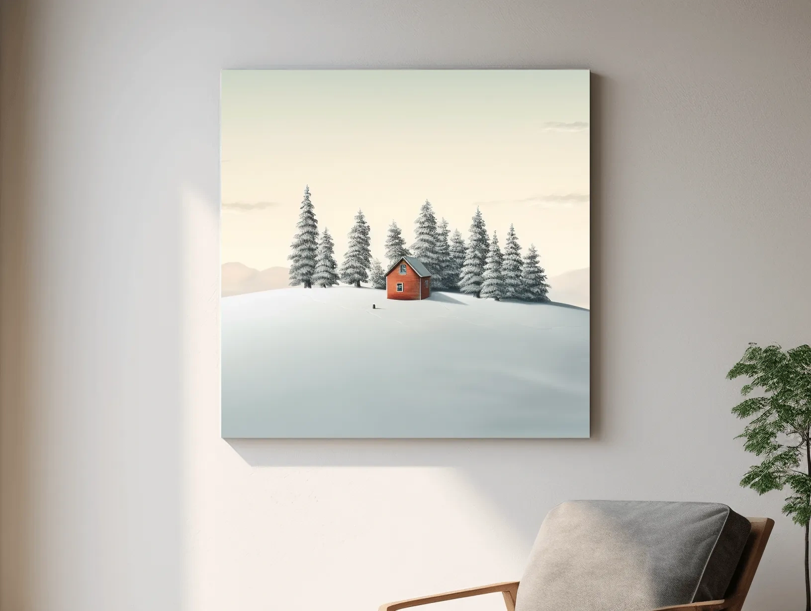 Minimalist Snowy Cabin In Pine Forest - Serene Winter Landscape Wall Art