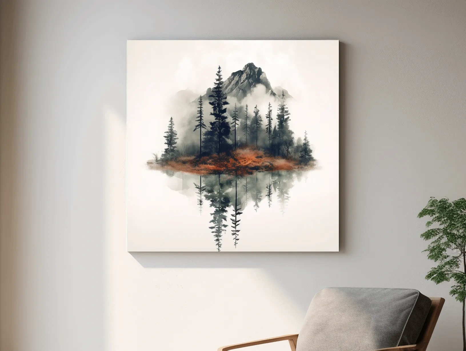 Minimalist Mountain Lake Reflection Watercolor - Moody Pine Forest Landscape Wall Art
