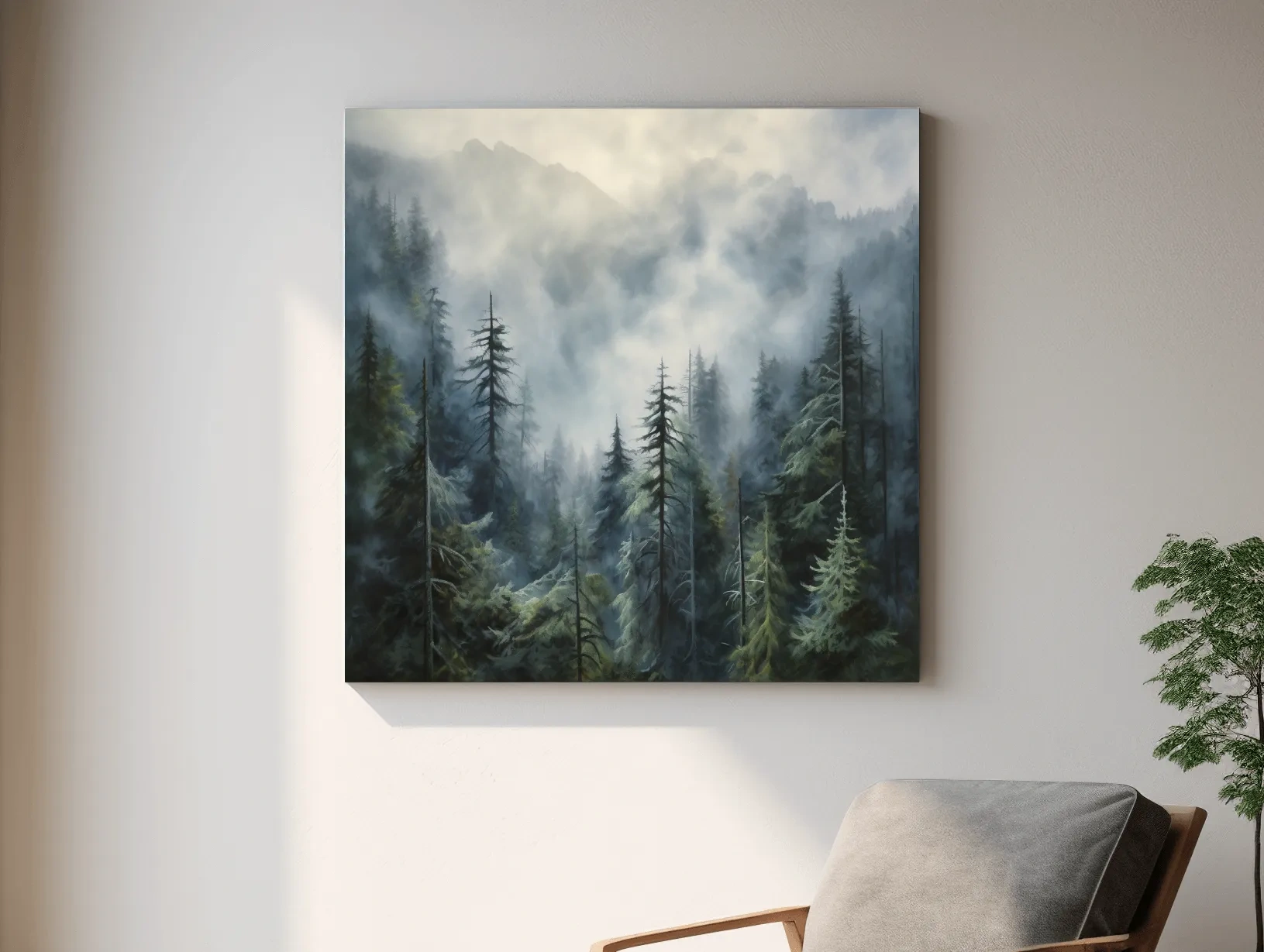 Moody Misty Pine Forest Mountains - Atmospheric Landscape Painting Wall Art