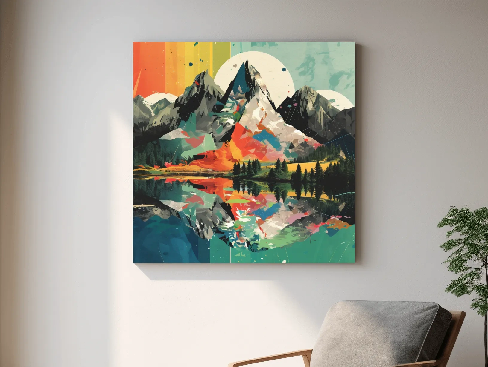 Vibrant Abstract Mountain Lake Collage Art - Colorful Alpine Wall Art