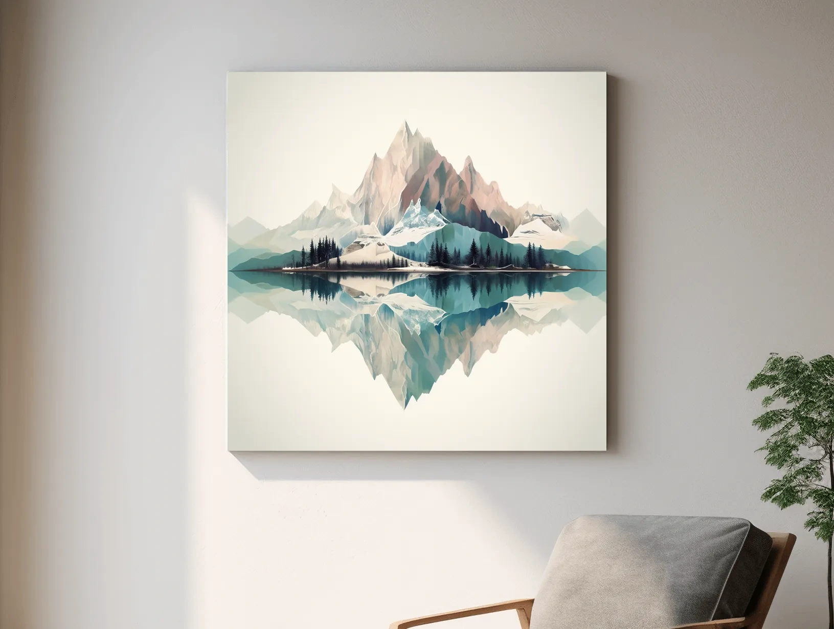 Minimalist Alpine Mountain Lake Reflection - Serene Pastel Watercolour Wall Art