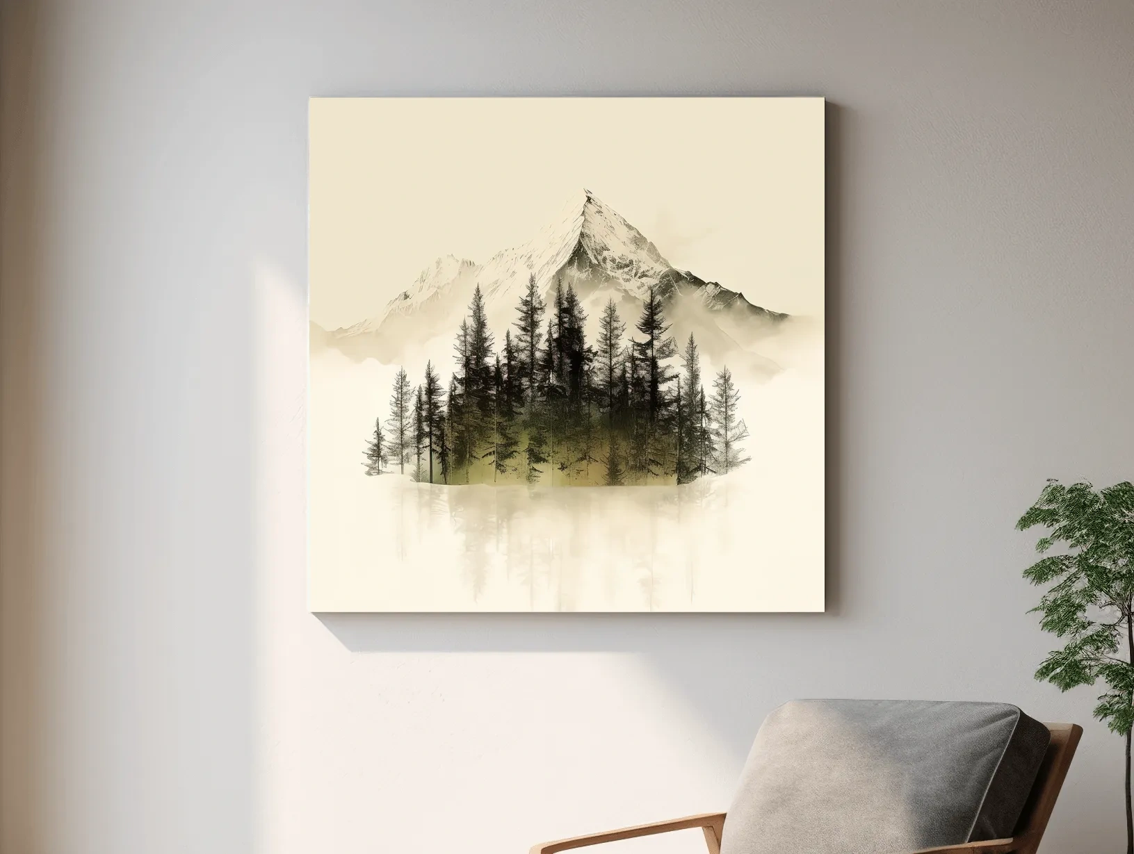 Misty Alpine Mountain Pine Forest Artwork - Minimalist Landscape Wall Art