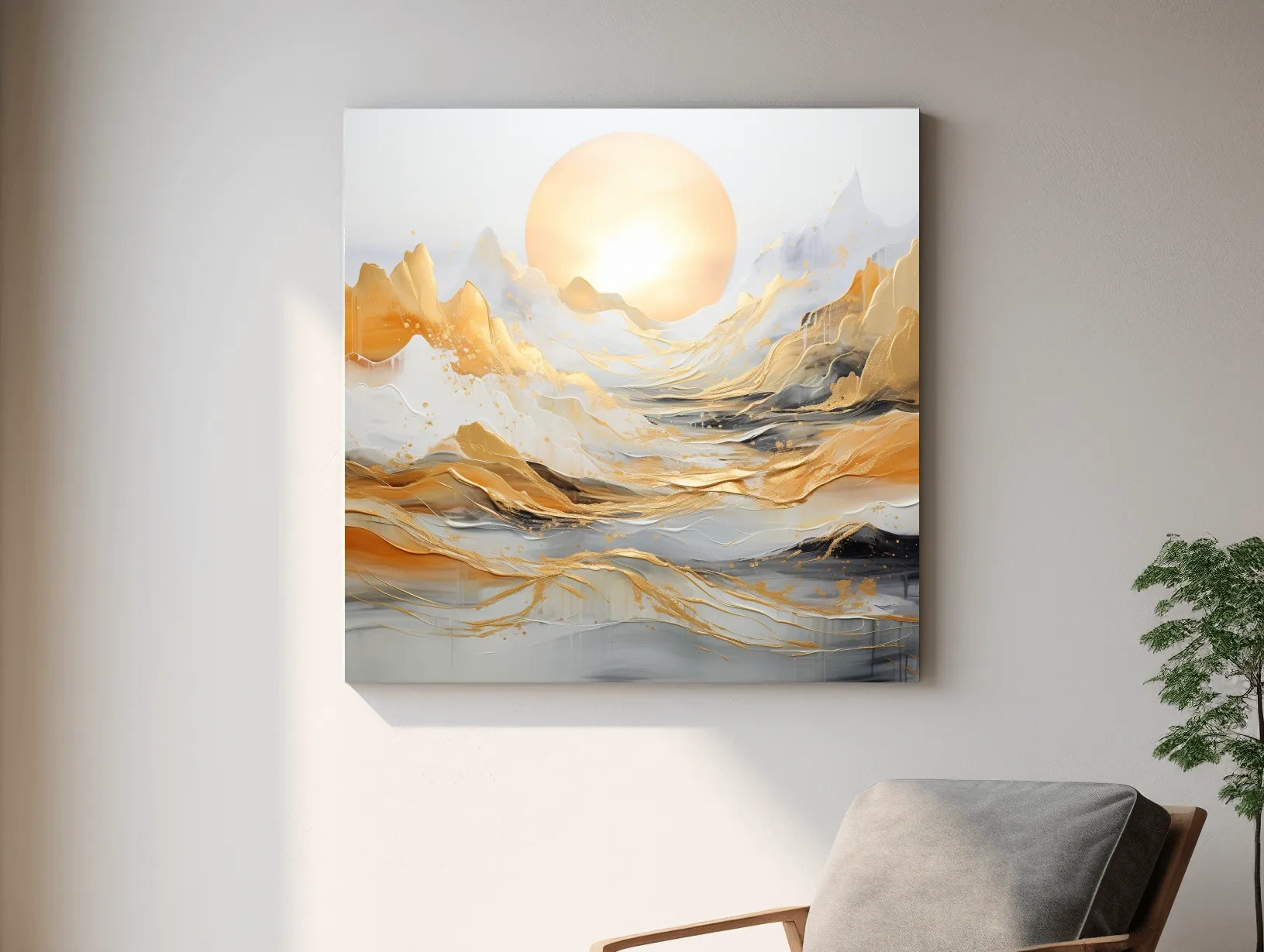 Abstract Golden Sunrise Mountain Landscape - Modern Golf Leaf Style Wall Art