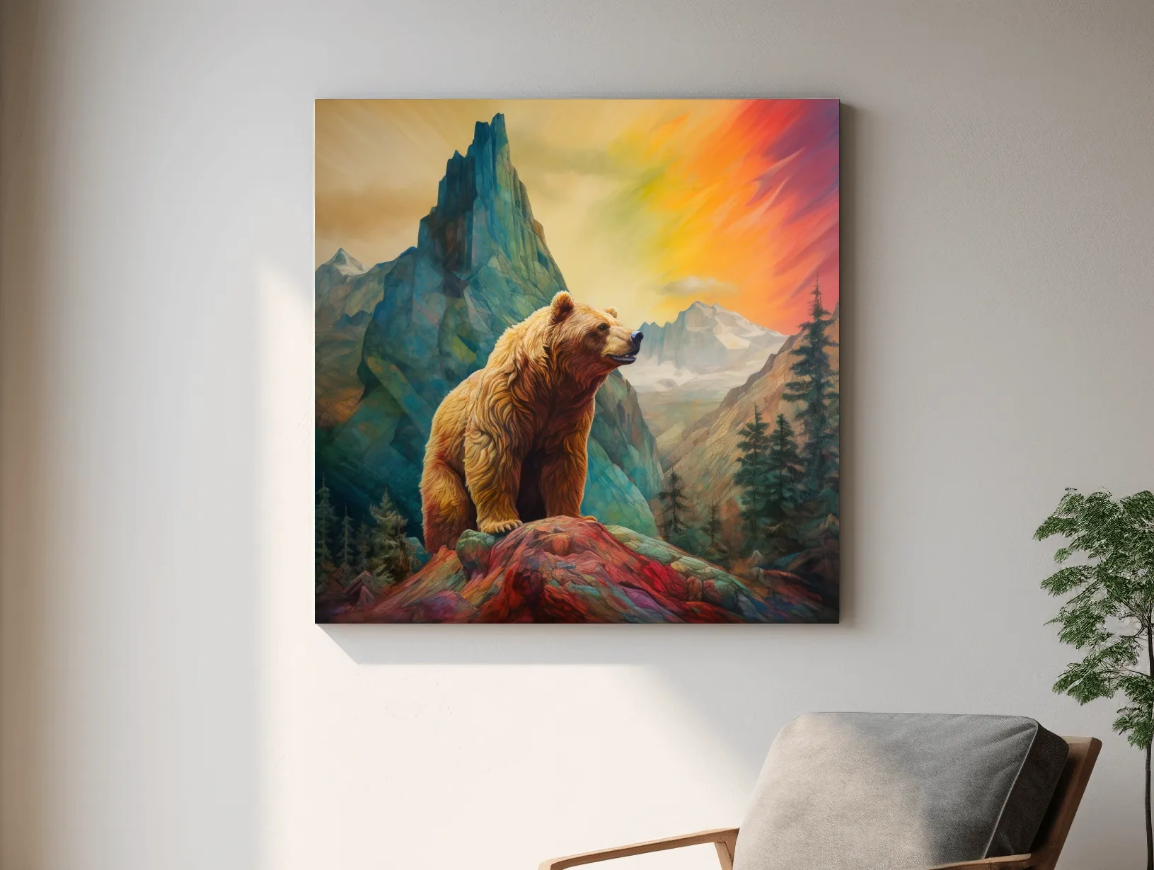 Majestic Grizzly Bear Mountain Landscape - Vibrant Painting Style Wildlife Wall Art