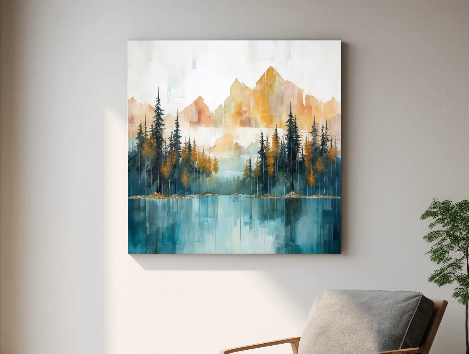 Abstract Watercolor Alpine Lake Reflection - Misty Mountain Forest Wall Art