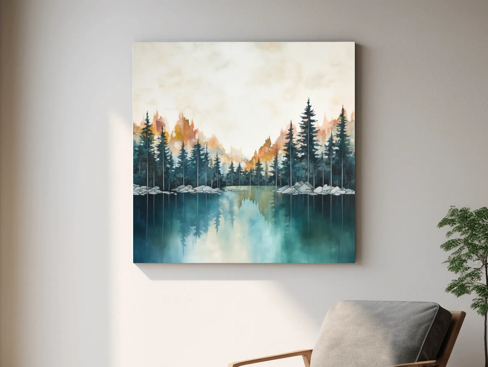 Misty Forest Lake Watercolor Painting - Serene Landscape Wall Art