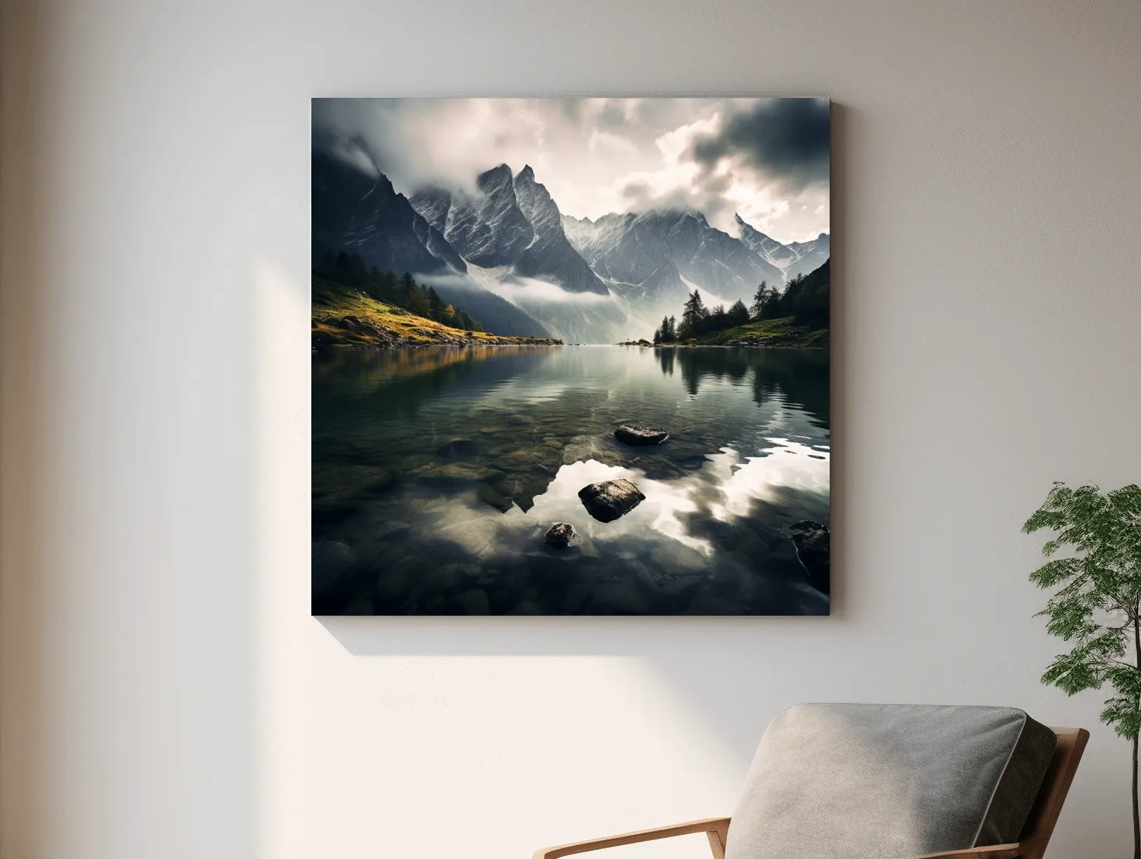Moody Alpine Lake Reflection Photograph - Dramatic Landscape Wall Art