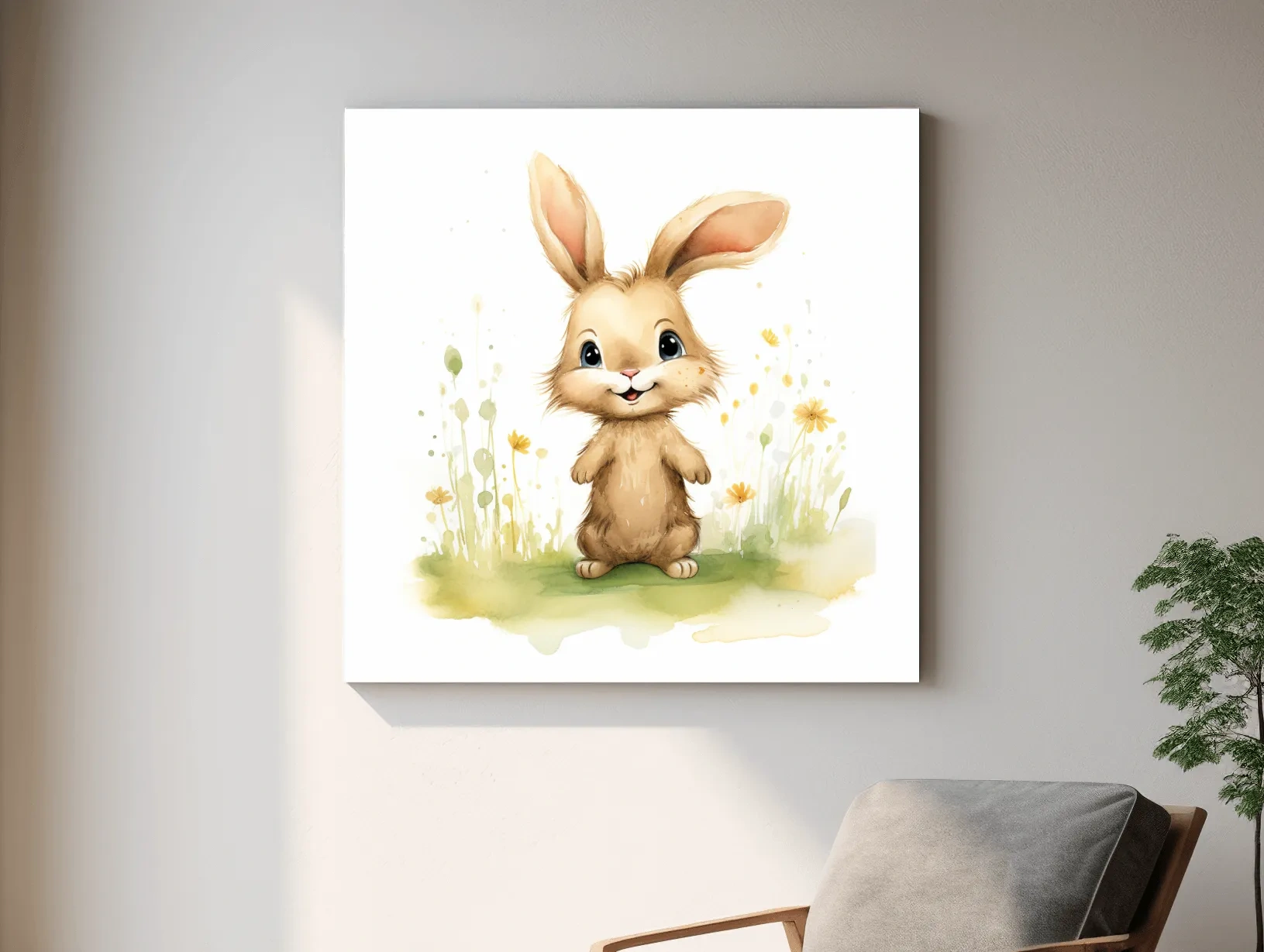 Cute Watercolor Bunny In Wildflowers - Whimsical Nursery Animal Wall Art