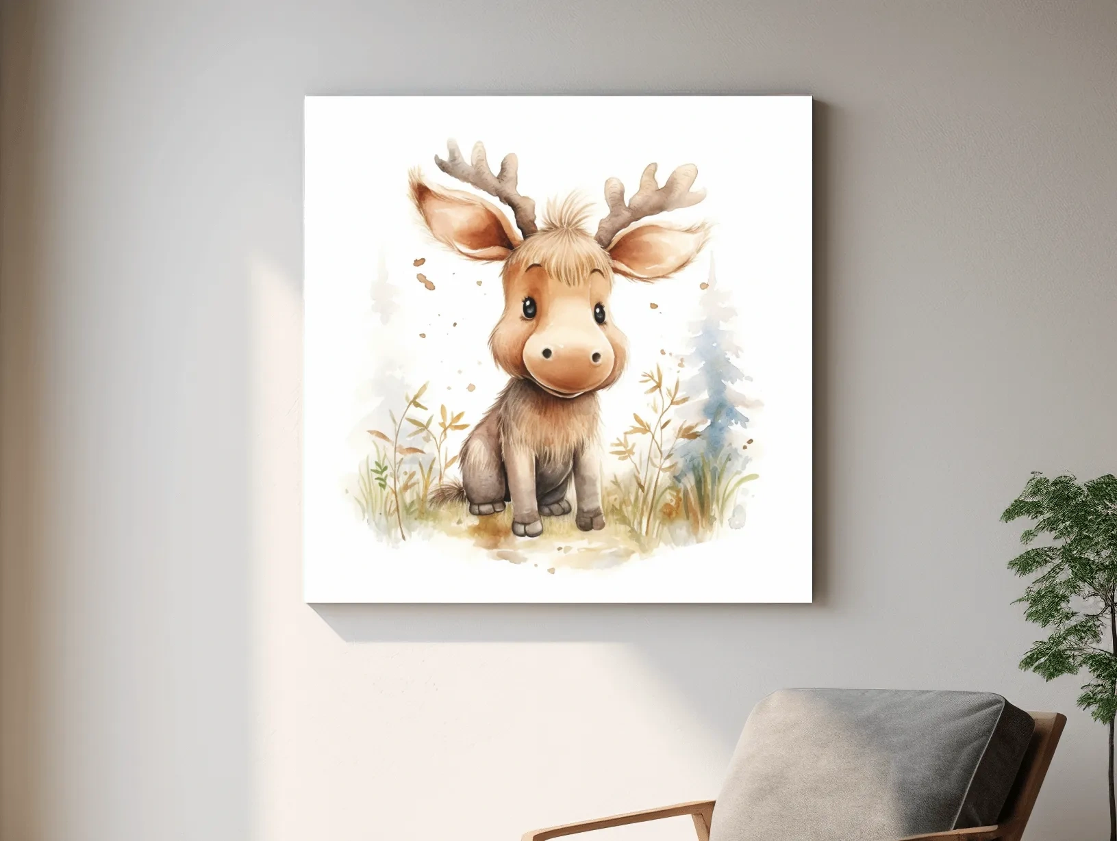 Cute Baby Moose Watercolor Illustration - Woodland Nursery Animal Wall Art