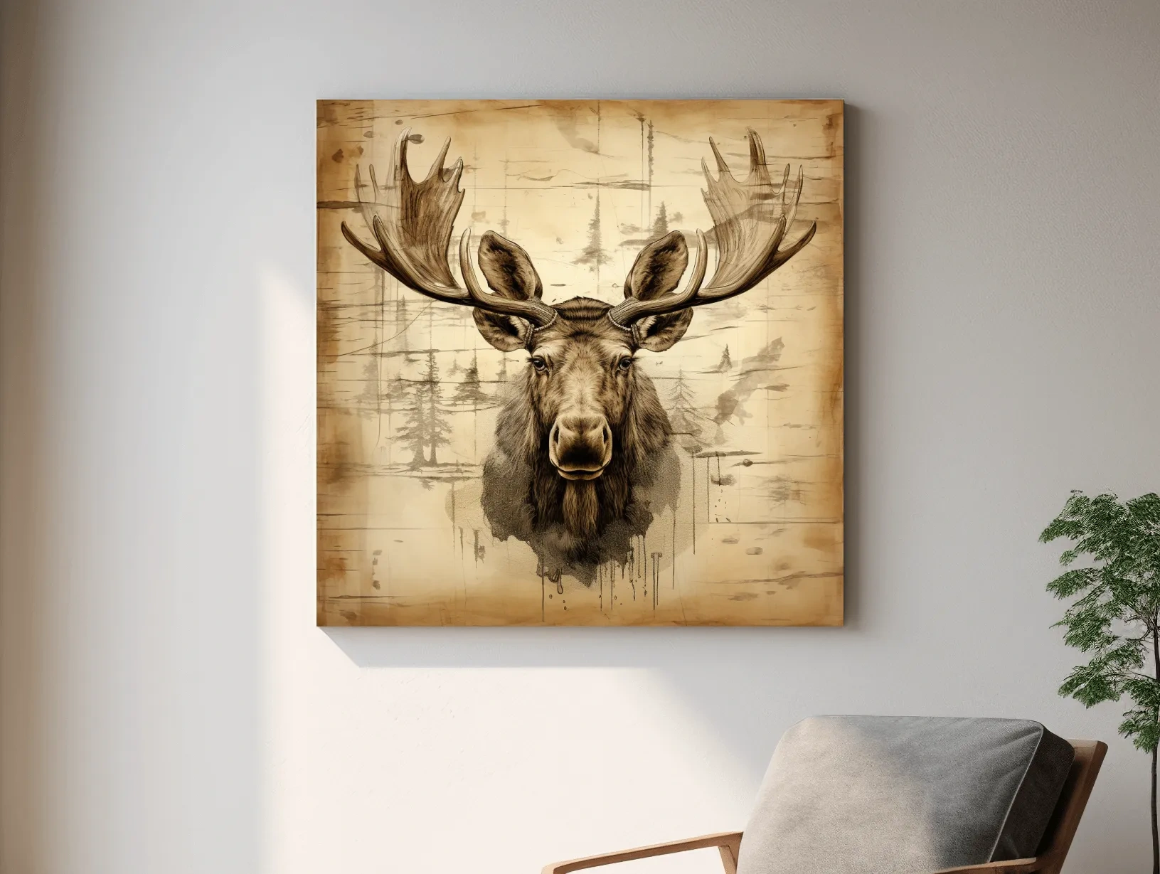 Rustic Sepia Moose Portrait Sketch - Vintage Lodge Wildlife Wall Art