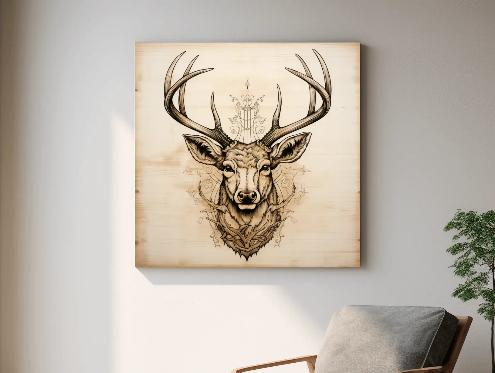 Ornate Deer Head on Wood Sketch Illustration - Rustic Wildlife Wall Art