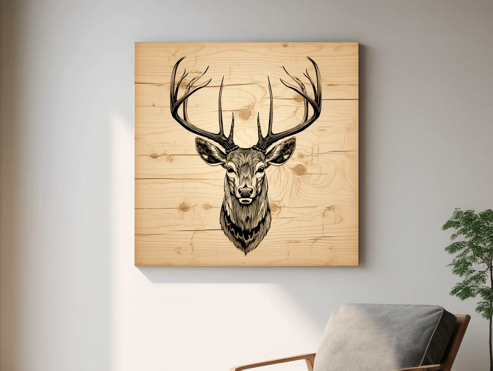 Rustic Engraved Wood Deer Head Illustration - Lodge Wildlife Wall Art