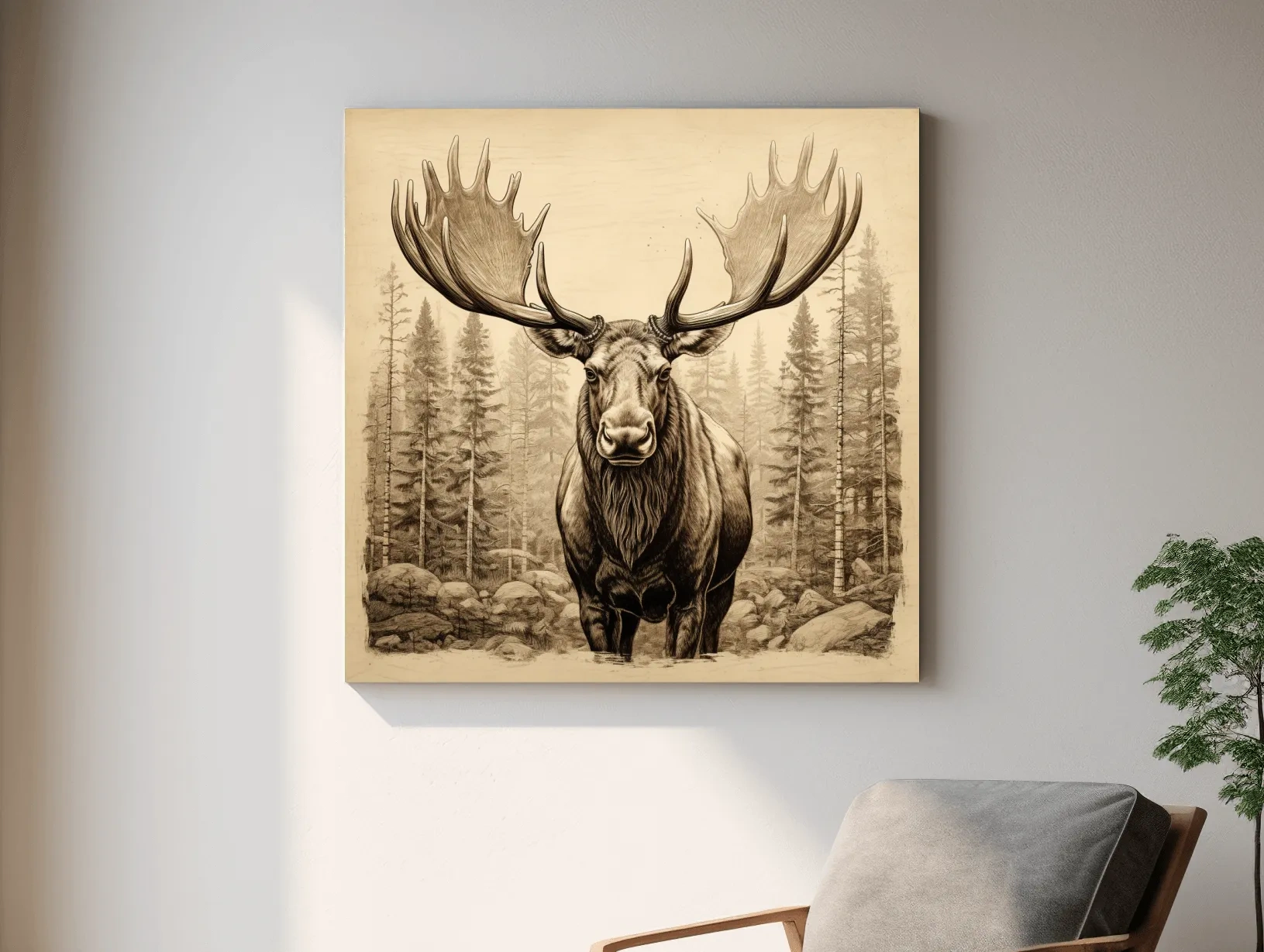 Majestic Moose Portrait Sketch - Vintage Sepia Wildlife Wall Art