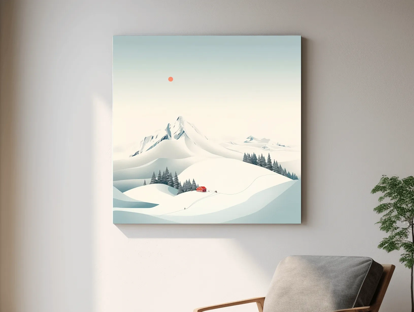 Minimalist Snowy Mountain Cabin Landscape - Winter Wall Art