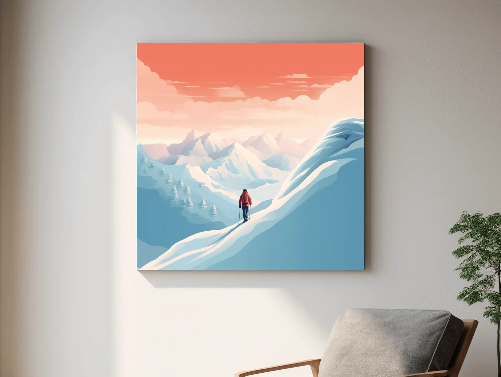 Minimalist Backcountry Skier Illustration - Pastel Alpine Landscape Wall Art