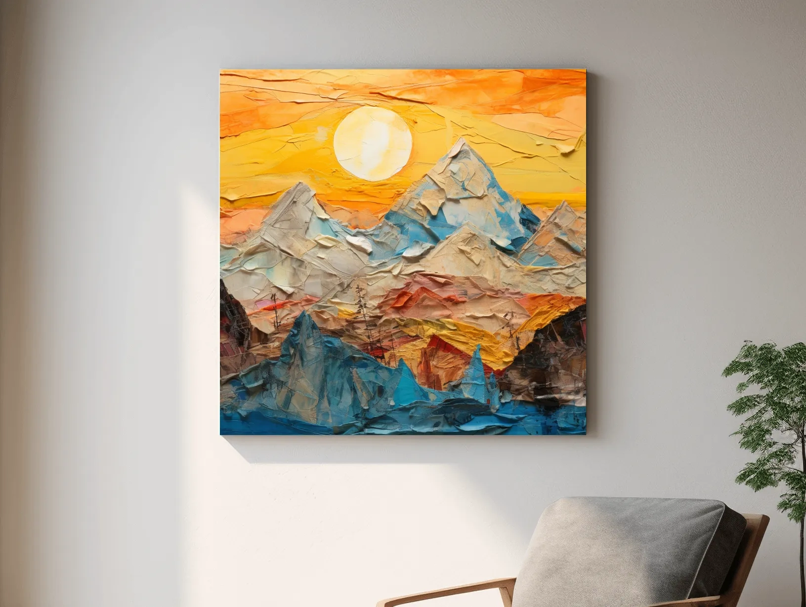 Collage Mountain Sunrise Painting - Warm Abstract Landscape Wall Art