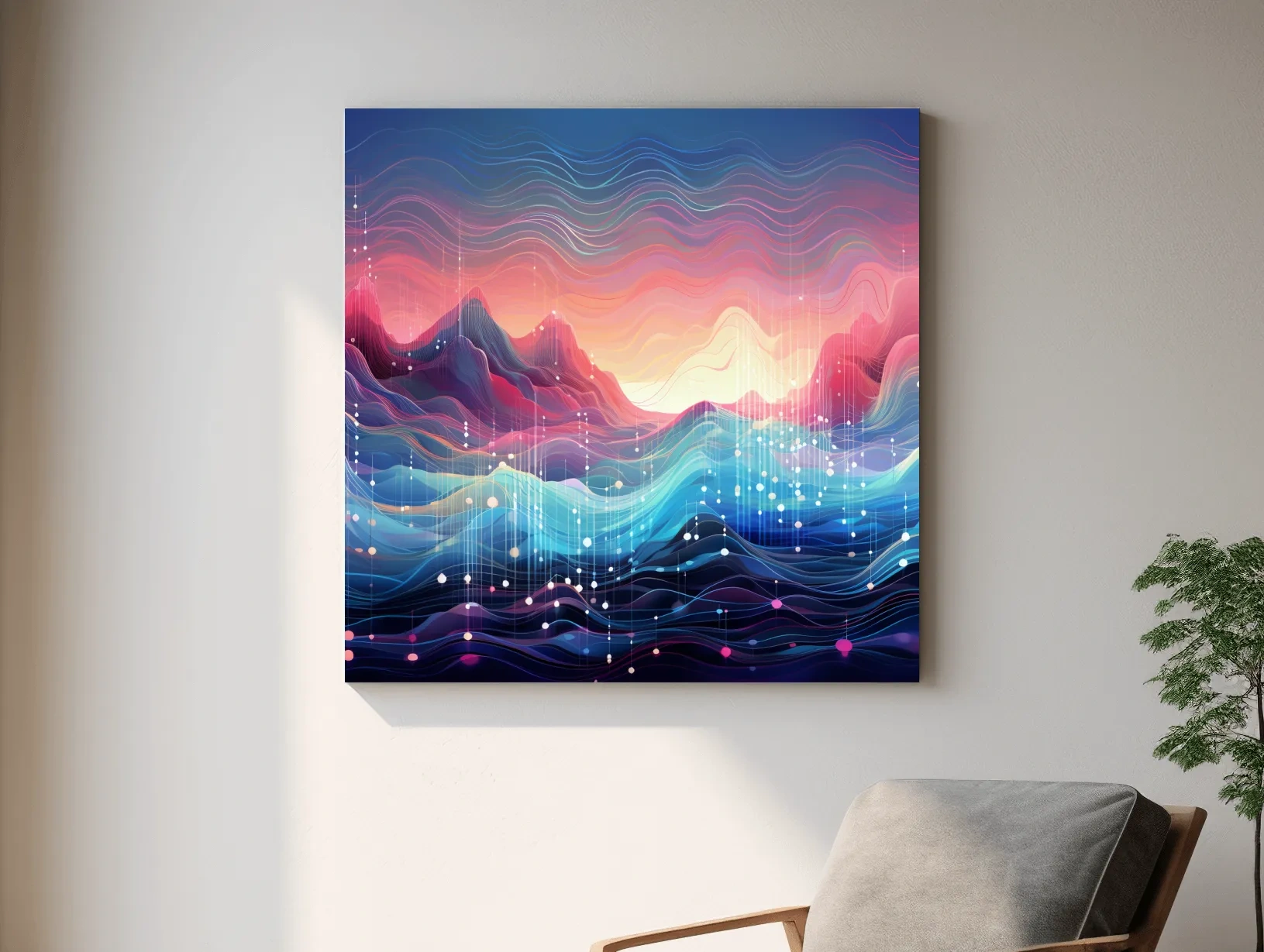 Funky Abstract Soundwave Mountain Patterns - Neon Sunset Landscape Wall Art