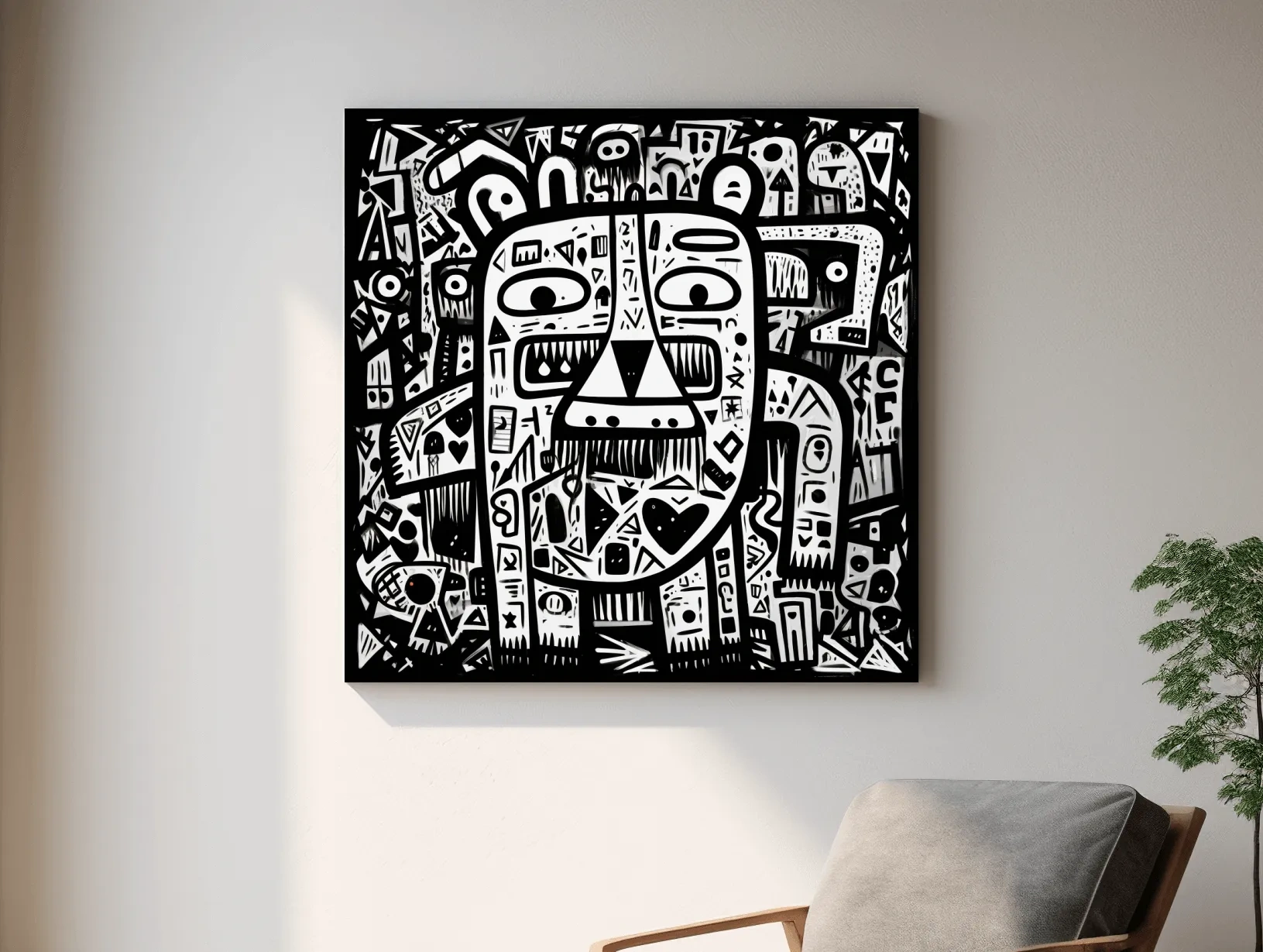 Abstract Black And White Graffiti Bear Doodle Art - Bold Geometric Animal Wall Art