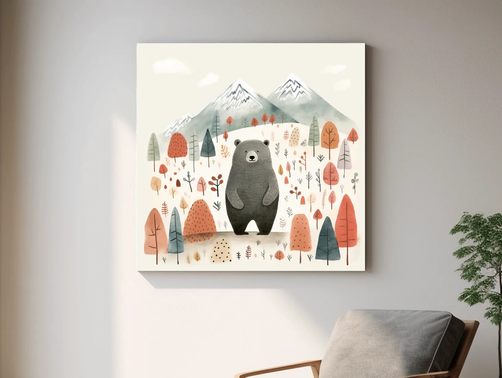 Nursery storybook art illustration of a black bear in the forest