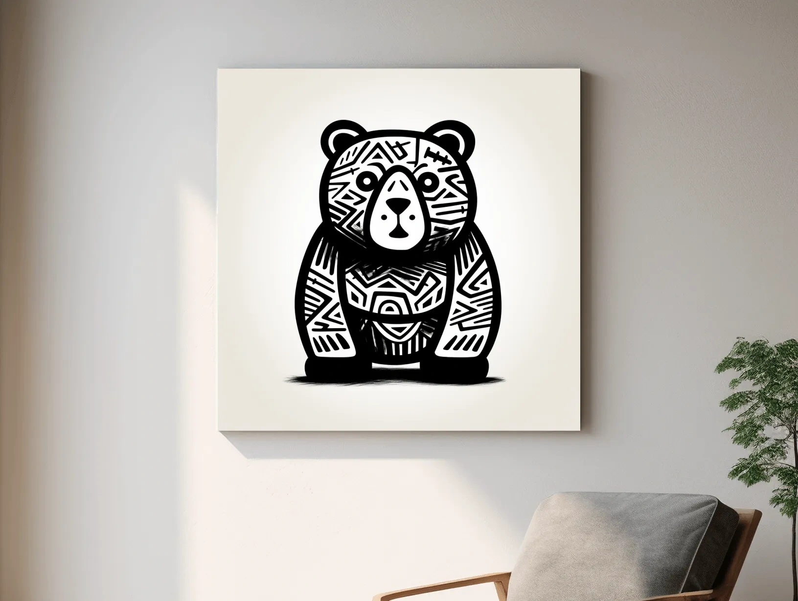 Tribal Pattern Bear Illustration - Quirky Black And White Animal Wall Art