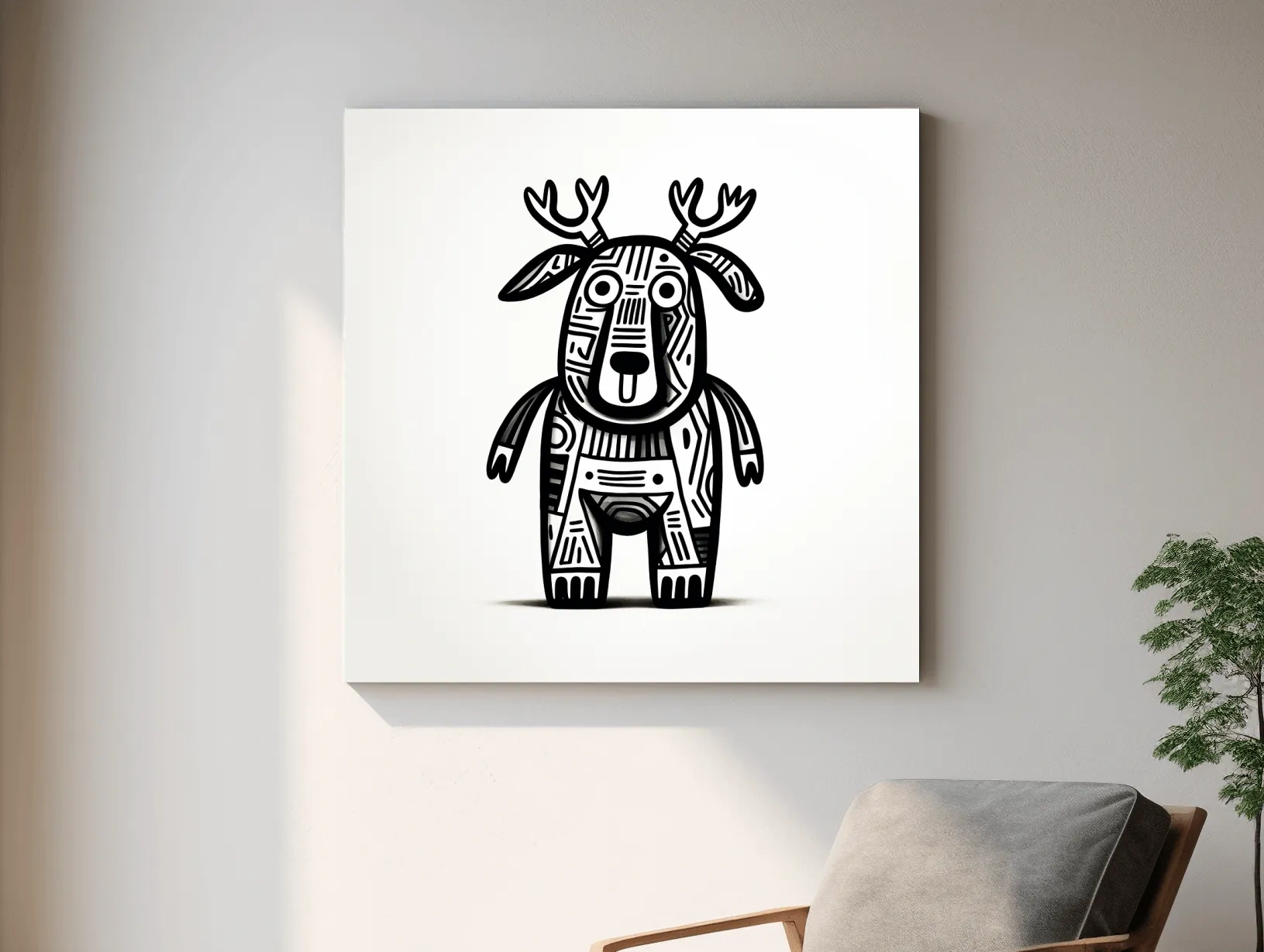 Whimsical Tribal Deer Illustration - Quirky Black And White Animal Wall Art