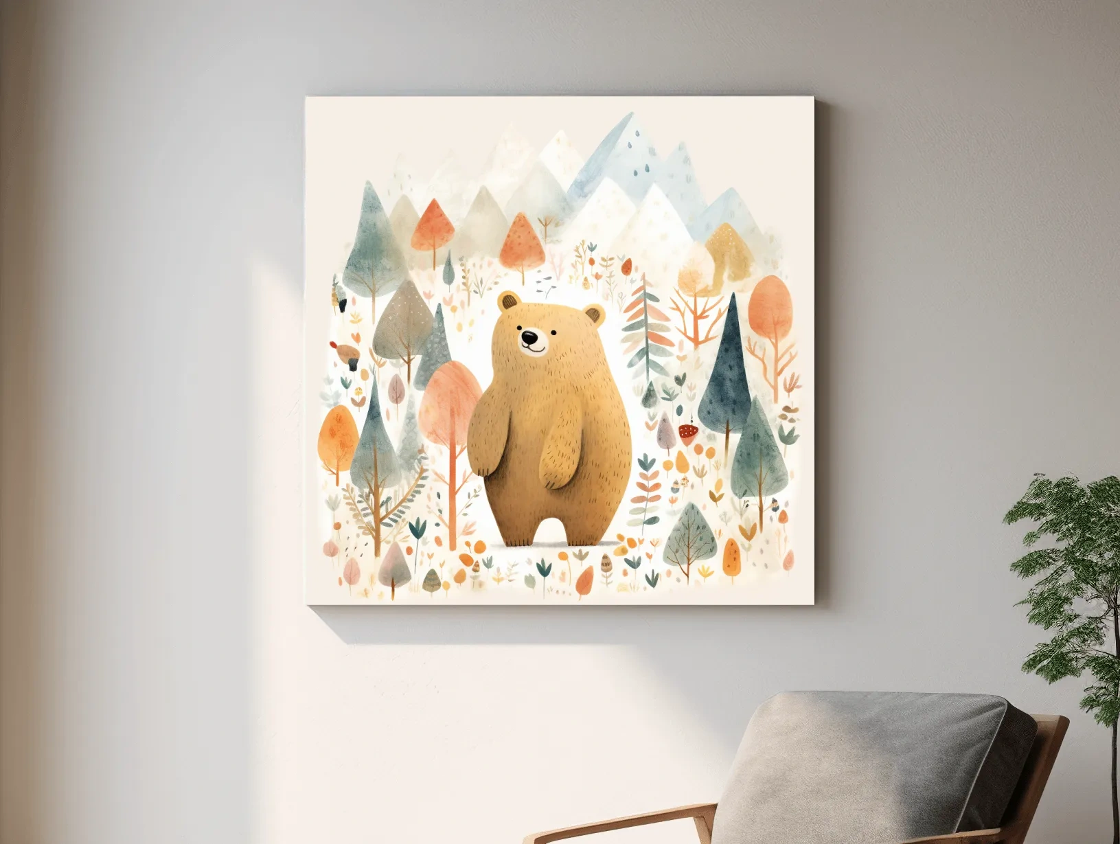Cute Watercolor Bear In Mountain Forest - Whimsical Nursery Wall Art